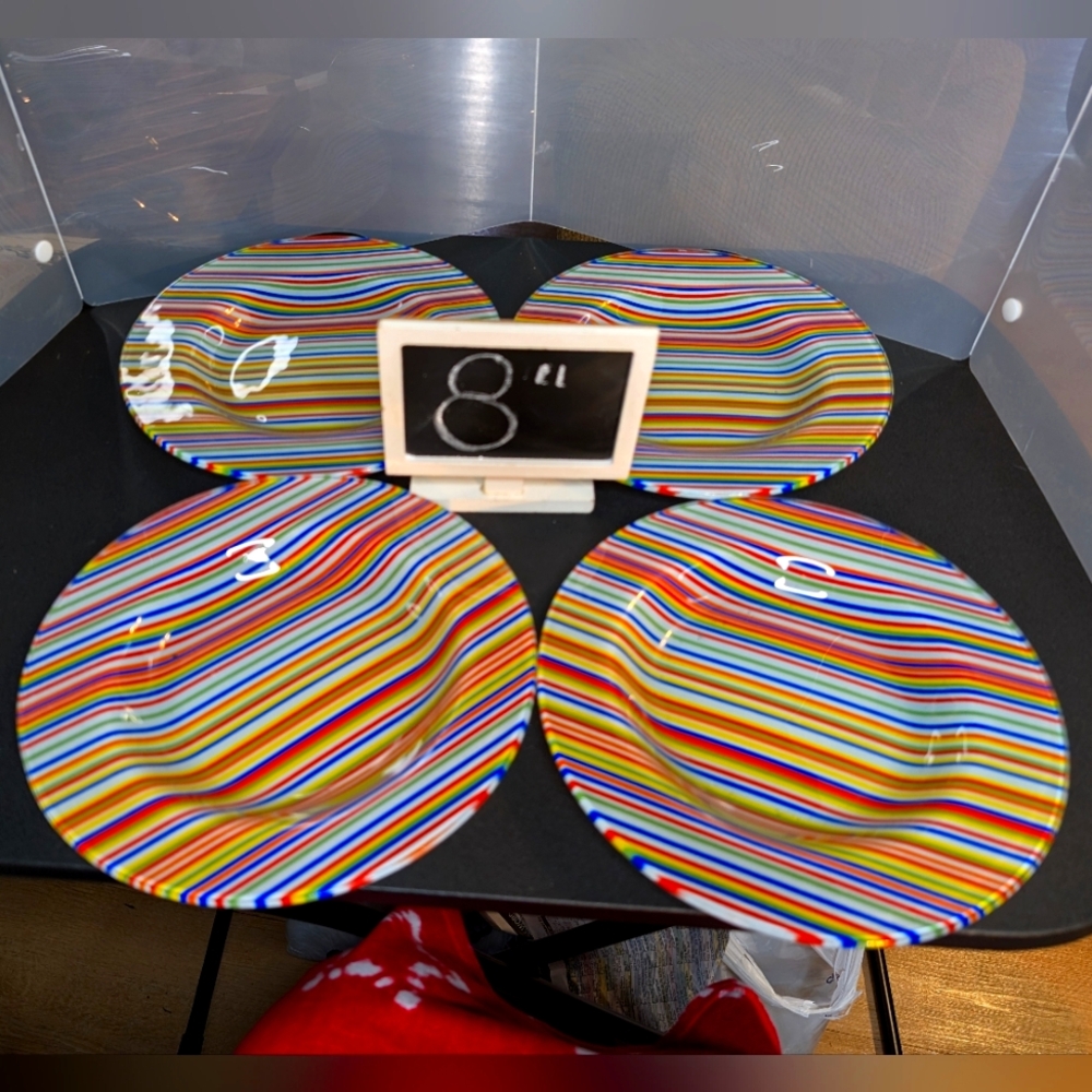 Pier 1 vintage 8" pair heavy glass colorful‎ striped salad plate/bowls